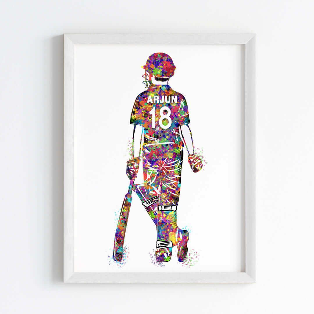 Inspirational cricket player multicolor boy wall art white frame