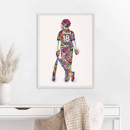 Multicolor cricket player boy wall art white frame