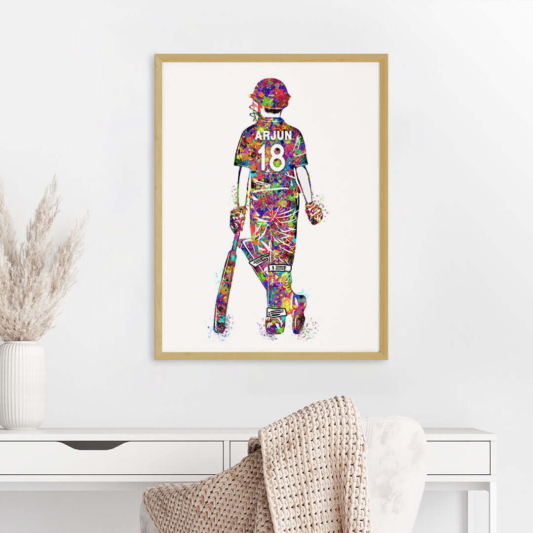 Multicolor cricket player boy wall art wooden frame