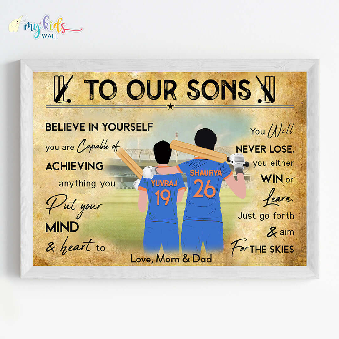 Motivational wall art of cricket siblings white frame