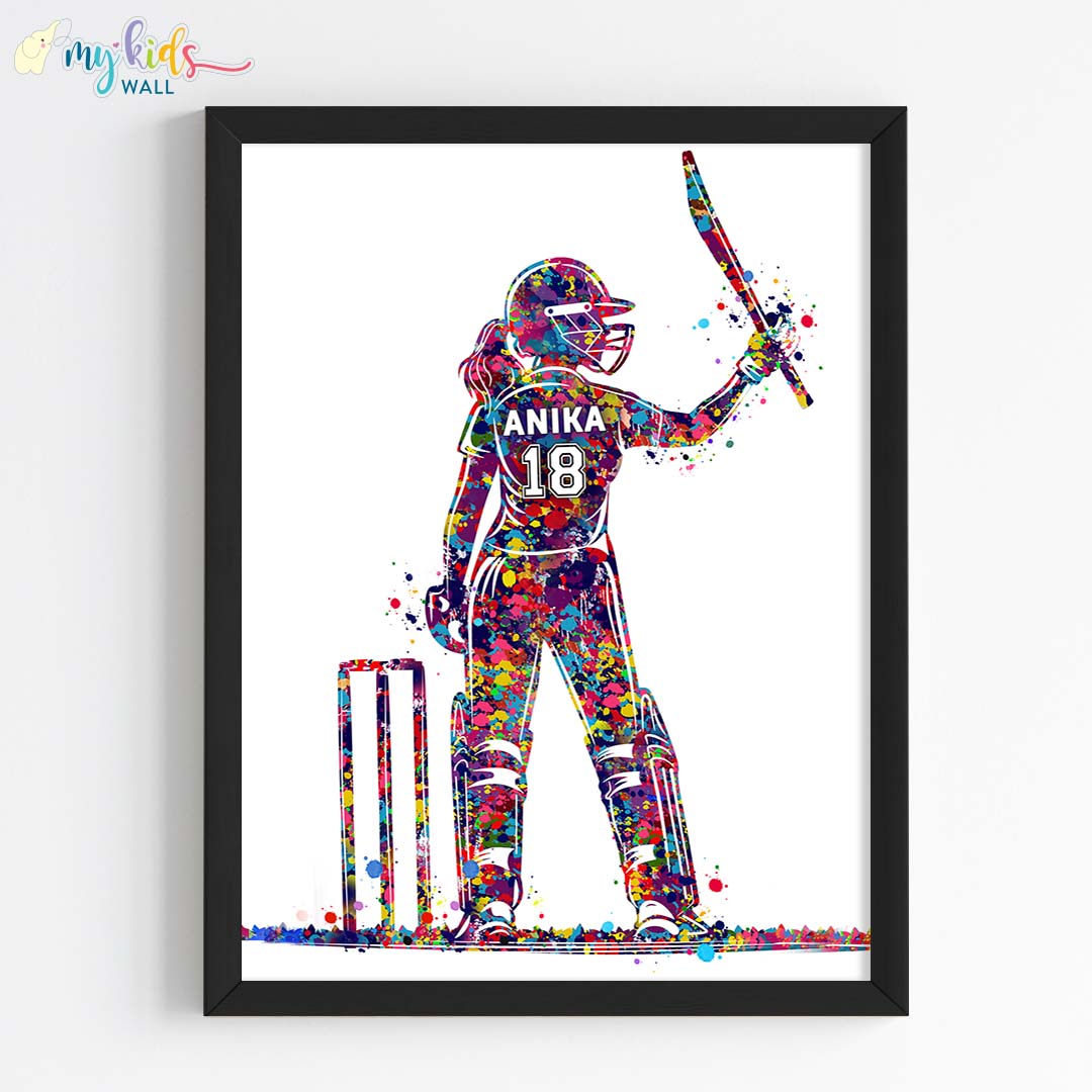 female watercolor cricket player wall art black frame