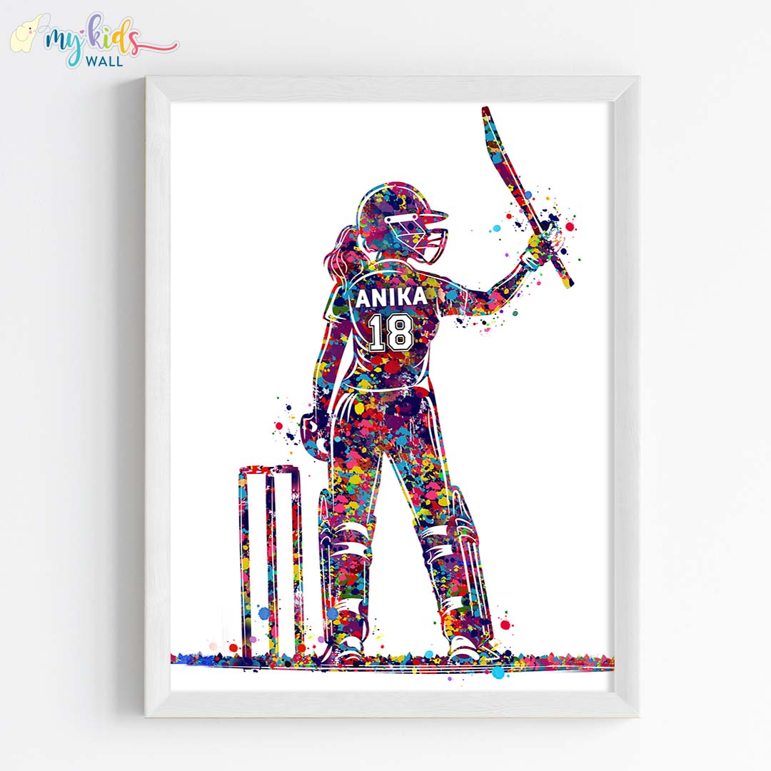 female watercolor cricket player wall art white frame