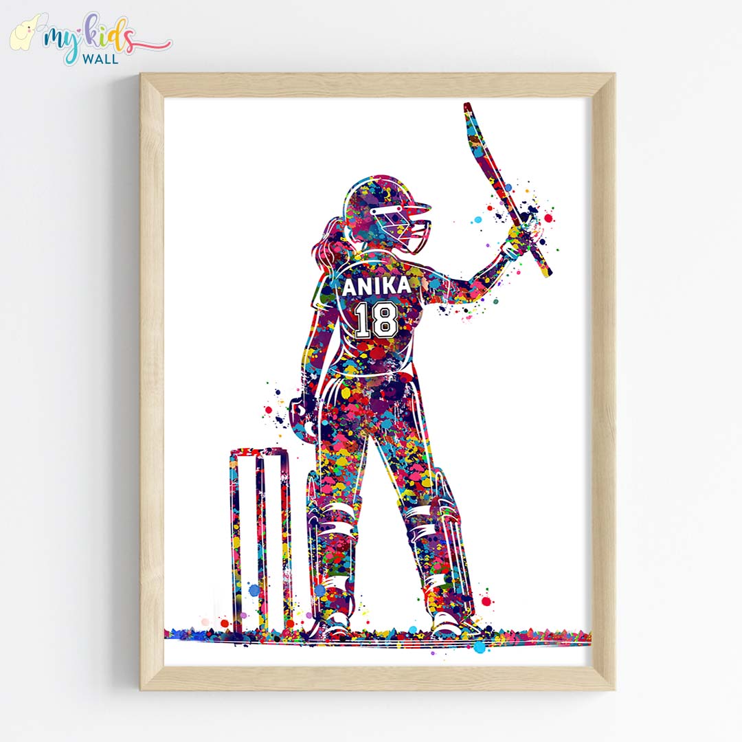 female watercolor cricket player wall art wooden frame