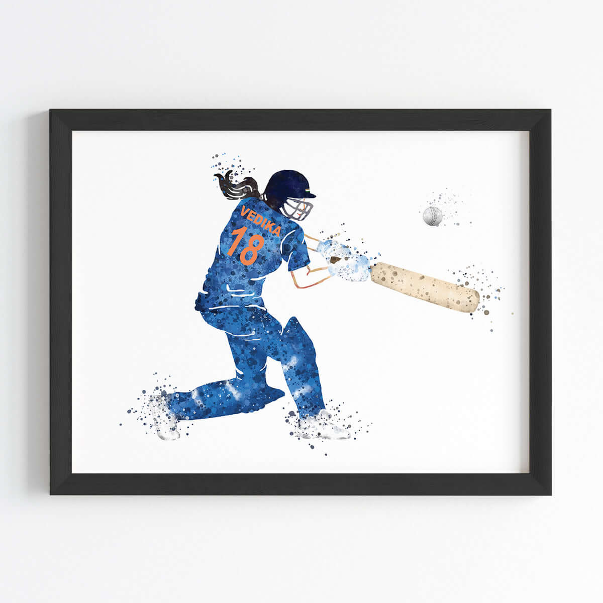 Blue cricket player girl wall art black frame