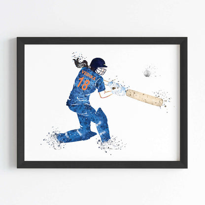 Blue cricket player girl wall art black frame