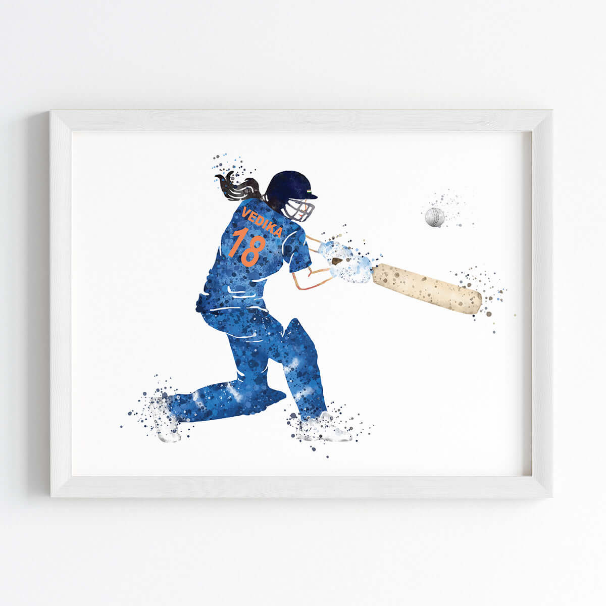 Blue cricket player girl wall art white frame