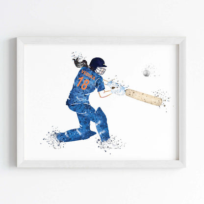 Blue cricket player girl wall art white frame