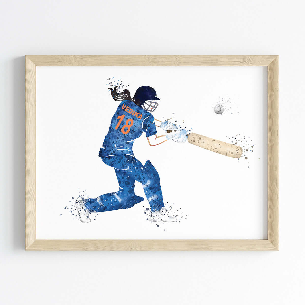 Blue cricket player girl wall art wooden frame