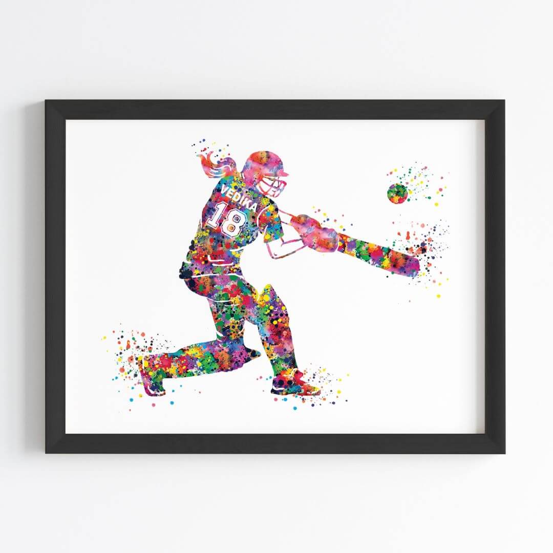 Multicolor cricket player girl wall art black frame