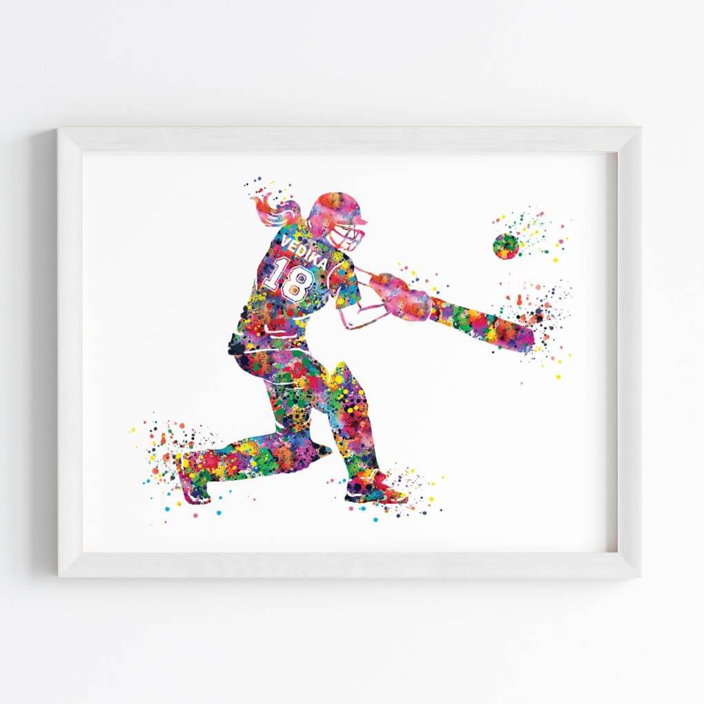 Multicolor cricket player girl wall art white frame