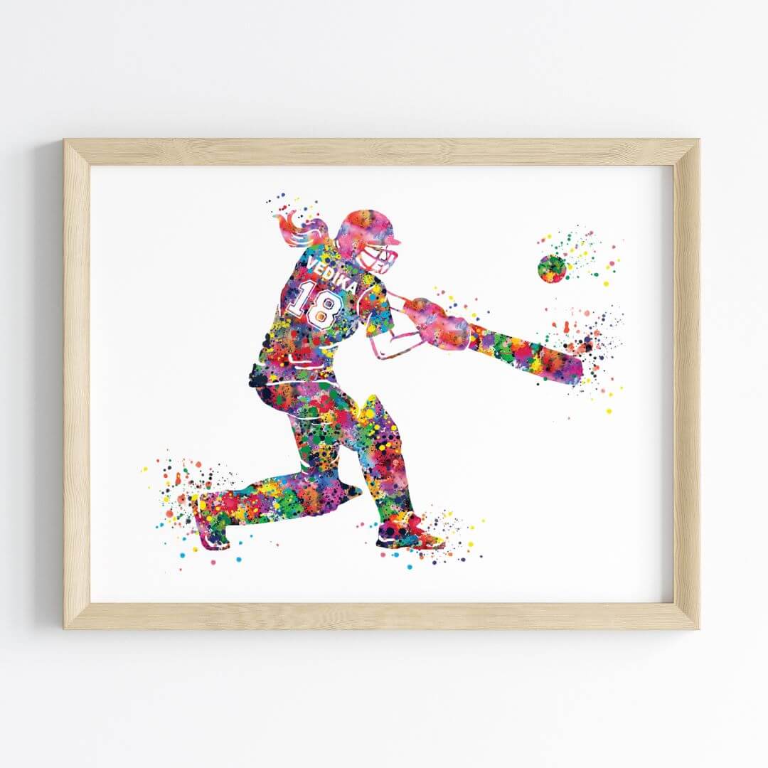 Multicolor cricket player girl wall art wooden frame