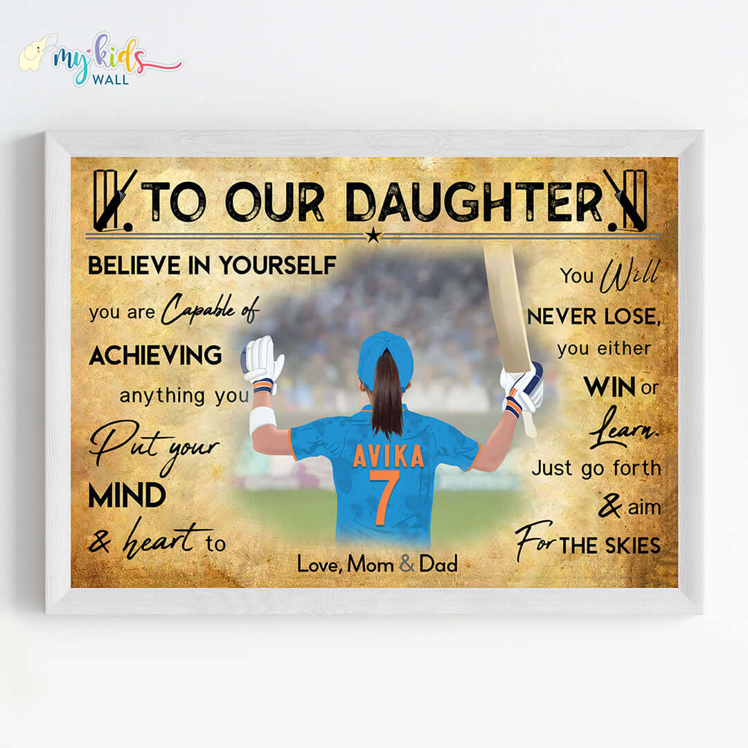 Motivational wall art of girl cricket player white frame 