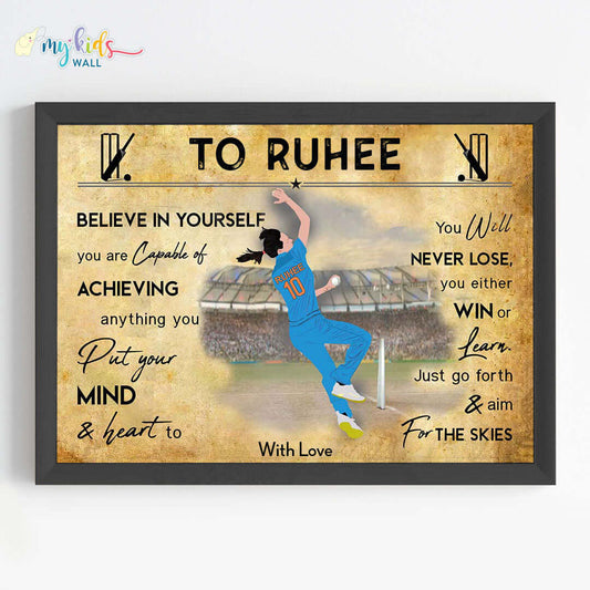 Motivational wall art of girl cricket player bowler black frame 