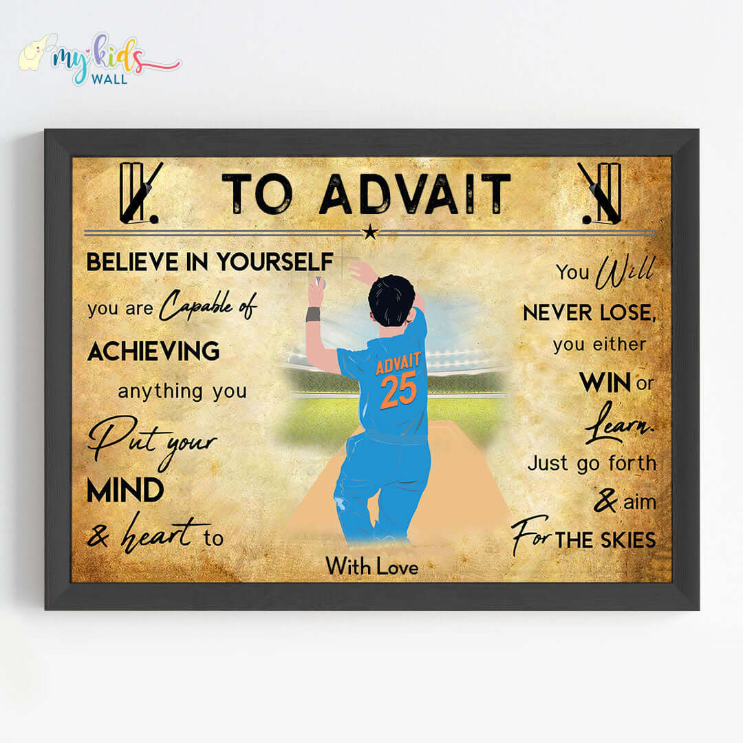 Motivational wall art of boy cricket player bowler black frame 