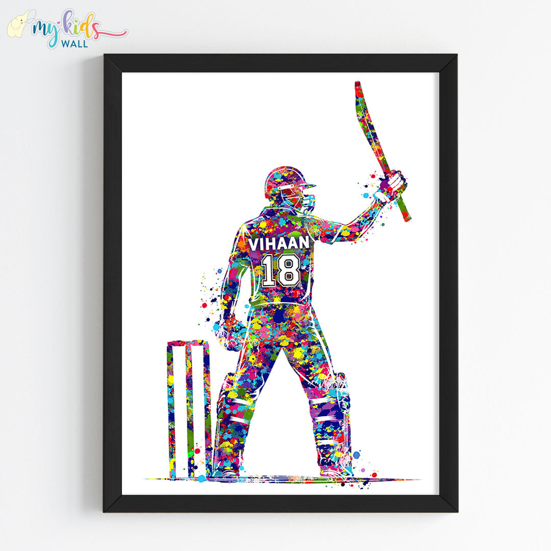 watercolor Male cricketer wall art black frame