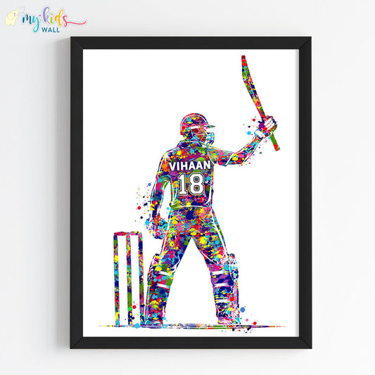 watercolor Male cricketer wall art black frame