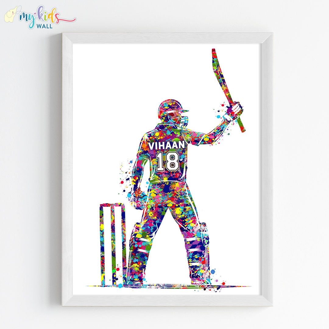 watercolor Male cricketer wall art white frame