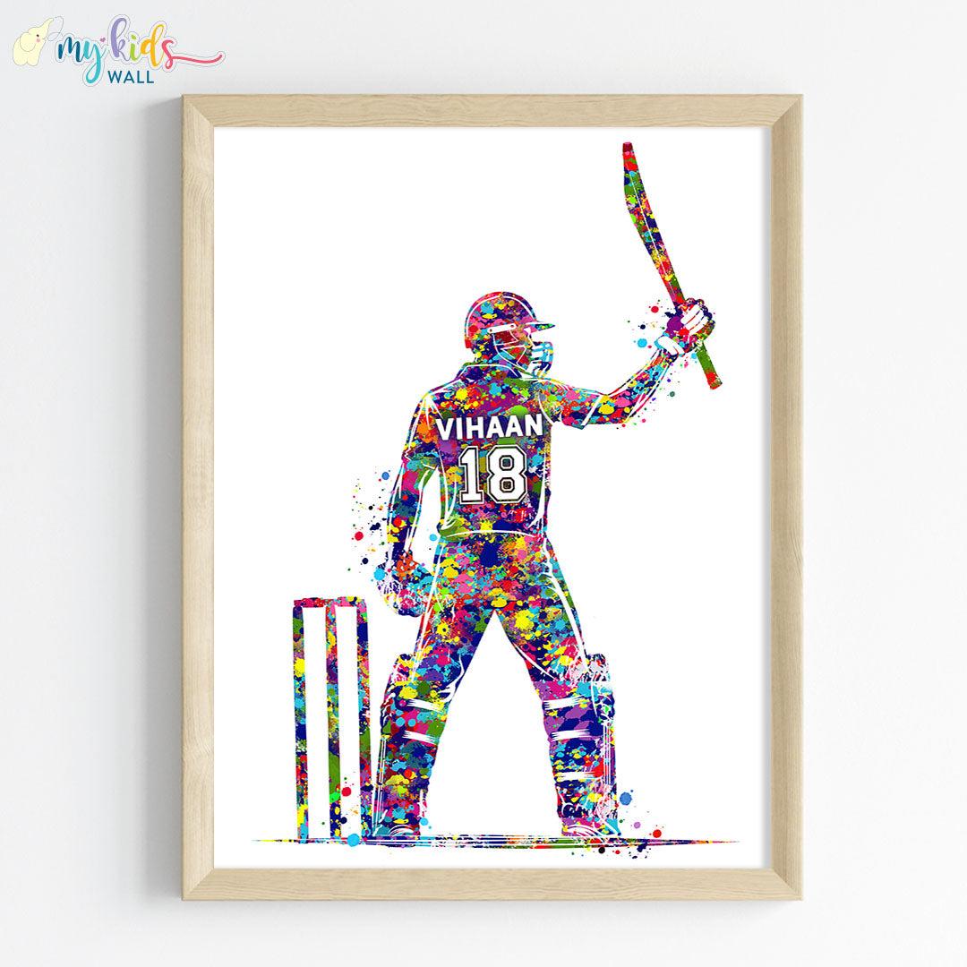 watercolor Male cricketer wall art wooden frame