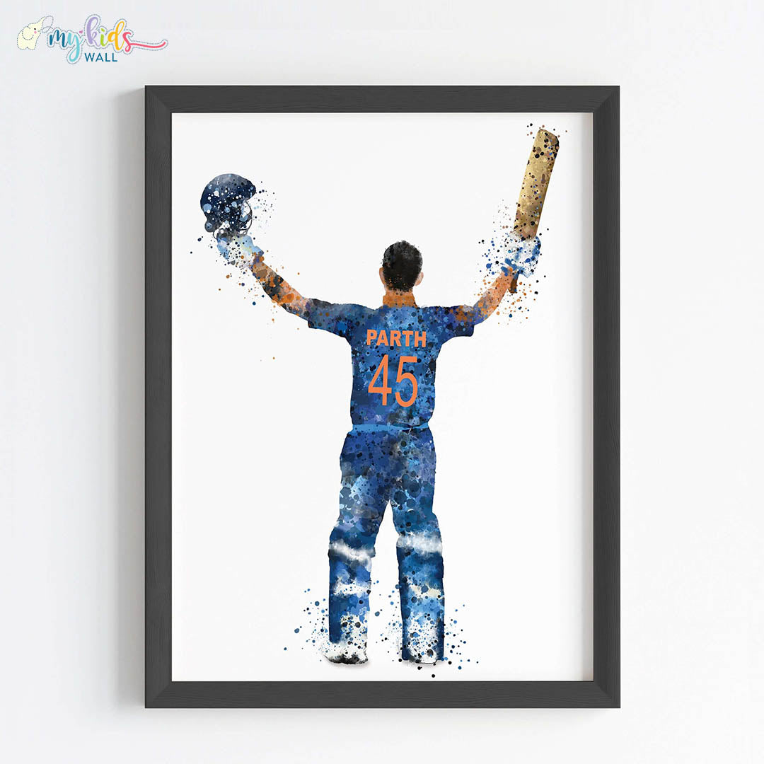 Inspirational boy cricket player wall art black frame