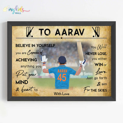 Motivational wall art of boy cricket player black frame