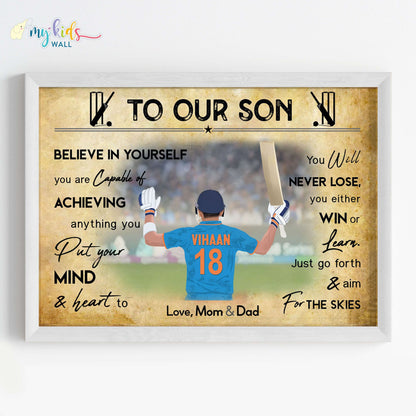 Motivational wall art of boy cricket player white frame