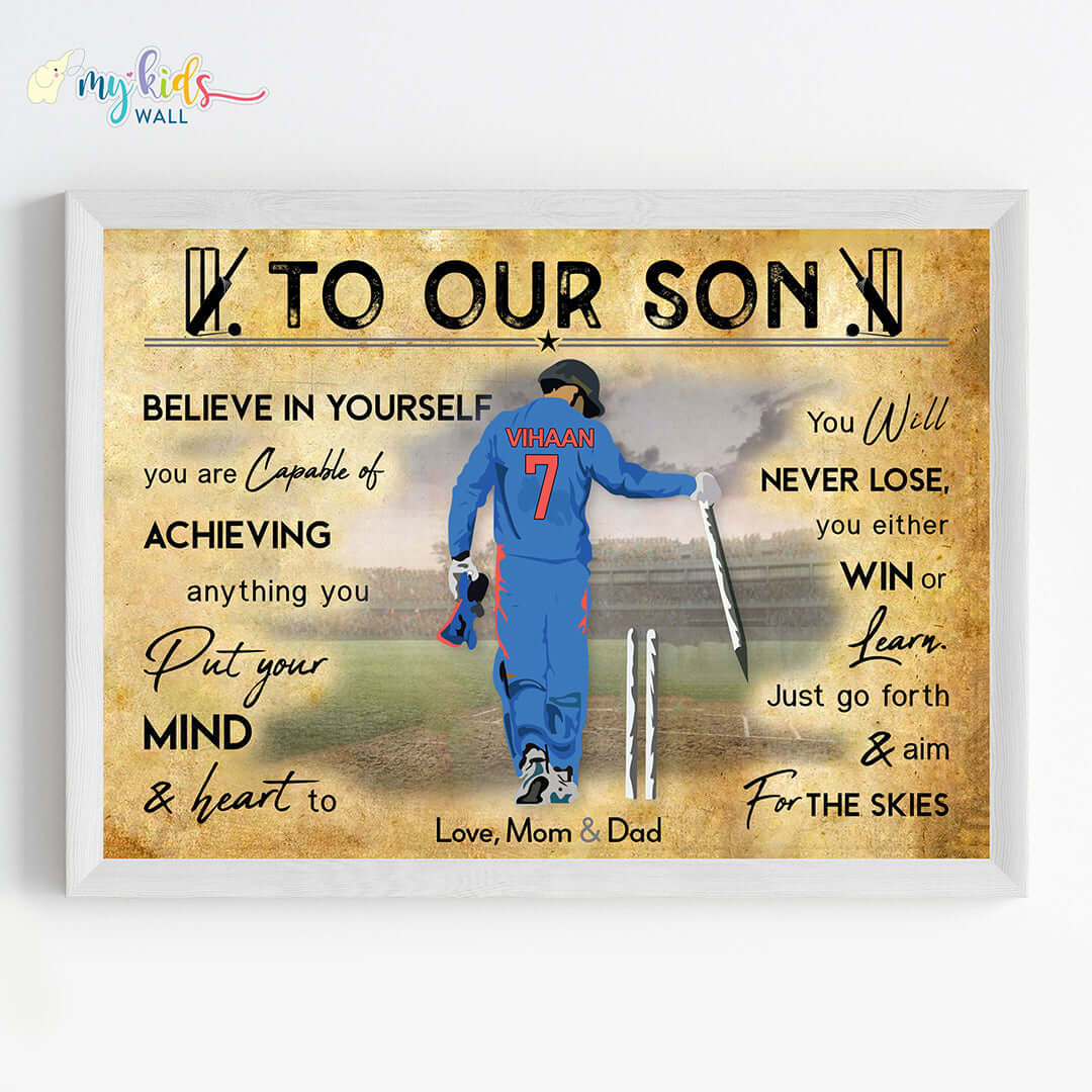 Motivational wall art of boy cricket player wicket keeper white frame