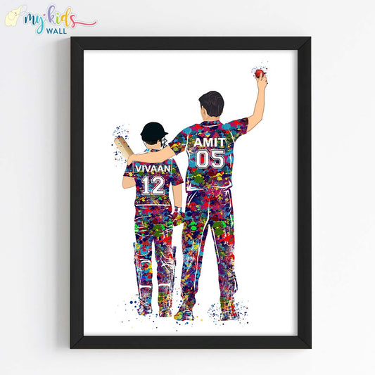 Inspirational cricketer bowler father & batsman son wall art black frame