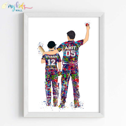 Inspirational cricketer bowler father & batsman son wall art white frame