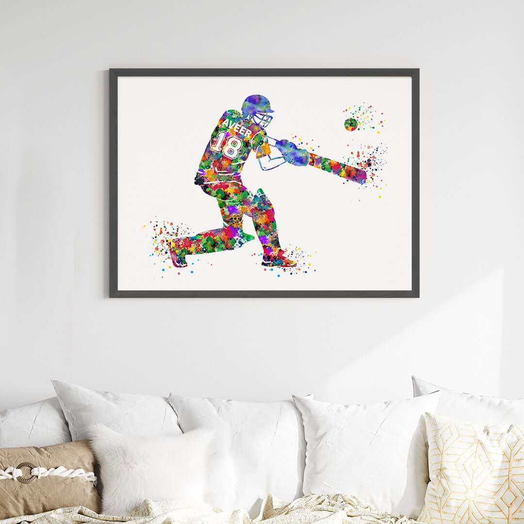 Multicolor cricket player boy wall art black frame