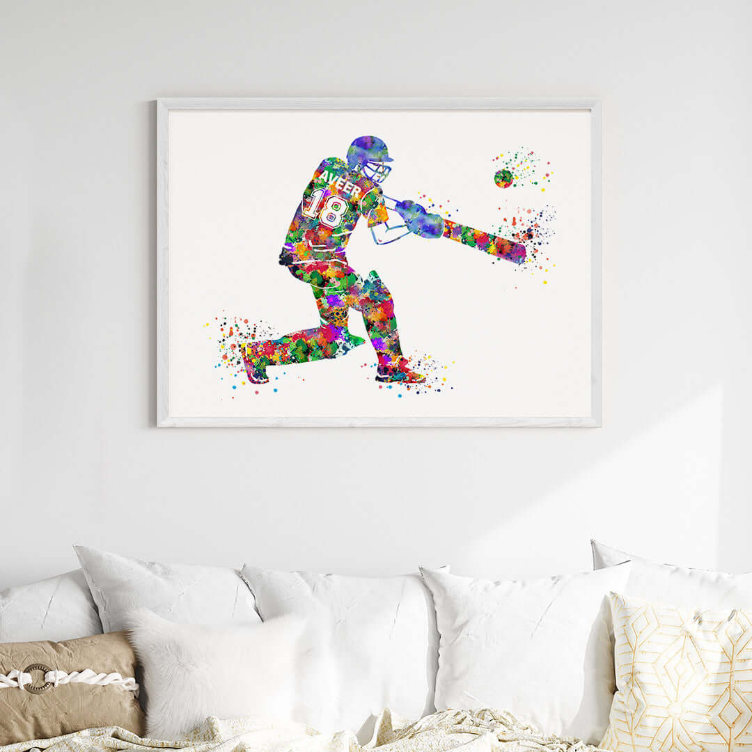 Multicolor cricket player boy wall art white frame