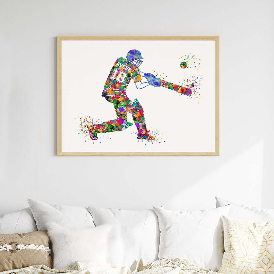 Multicolor cricket player boy wall art wooden frame