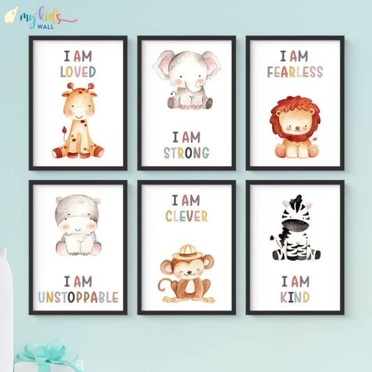 Cute Animals with positive affirmations set of 6 wall art black frames