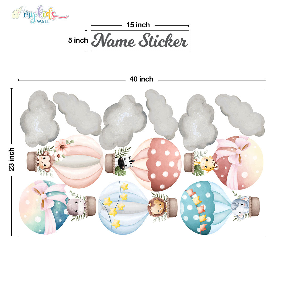 cute baby animals in hot air balloons personalised wall stickers size guide