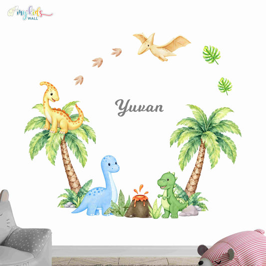 Cute Jungle Dinosaurs & Volcano Personalized Wall Stickers