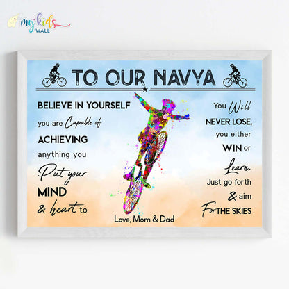 Motivational cycling girl wall art white frame