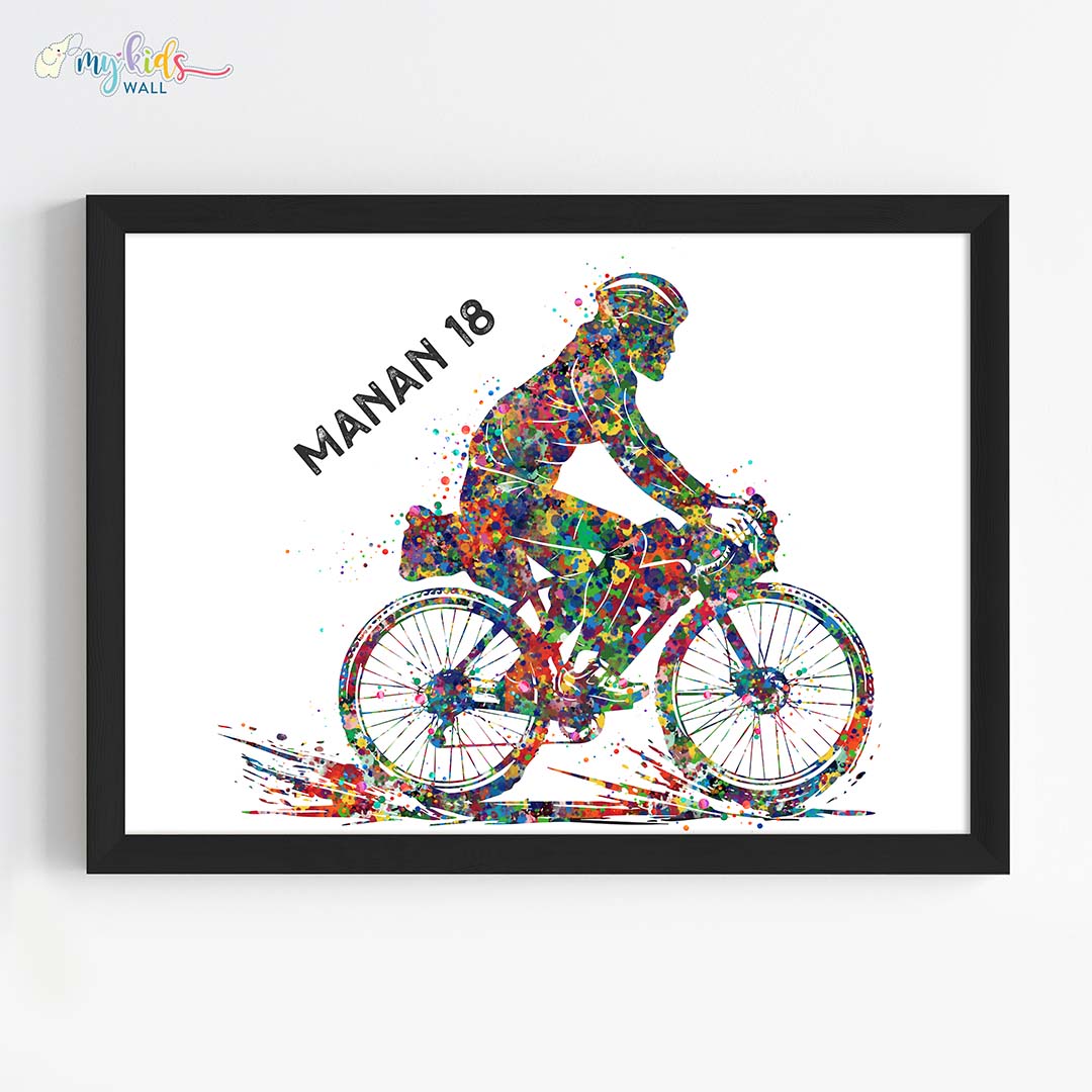 Cyclist Boy Personalised Wall Art Framed Black