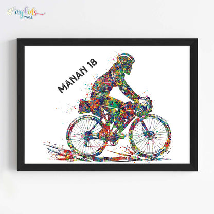Cyclist Boy Personalised Wall Art Framed Black