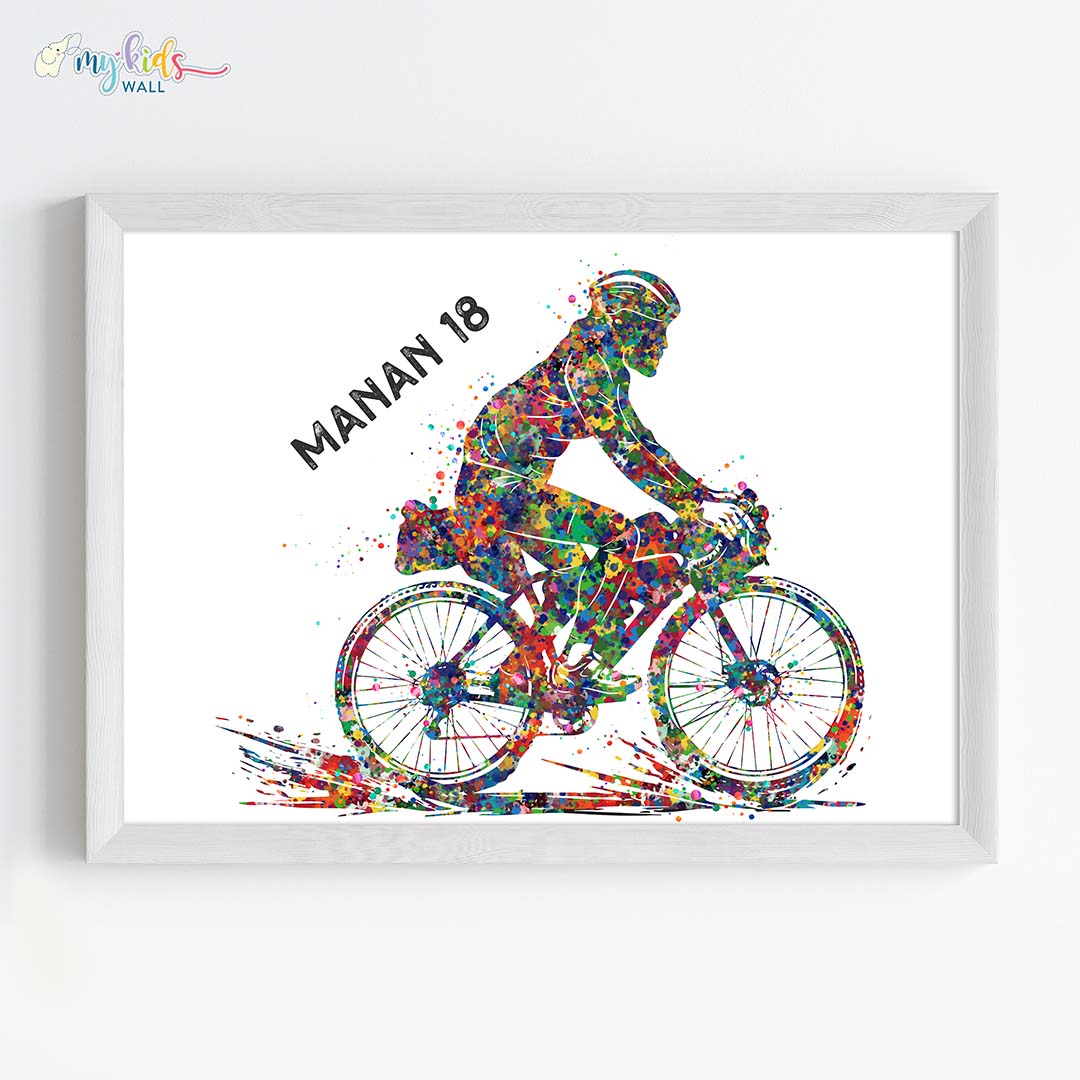 Cyclist Boy Personalised Wall Art Framed White