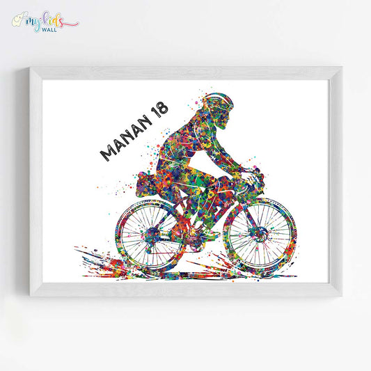 Cyclist Boy Personalised Wall Art Framed White