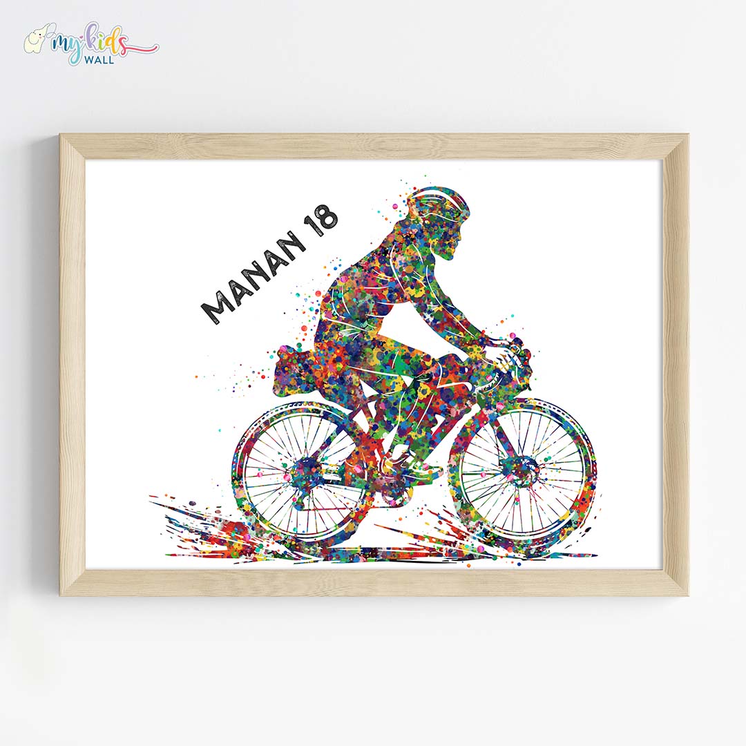 Cyclist Boy Personalised Wall Art Framed Wooden