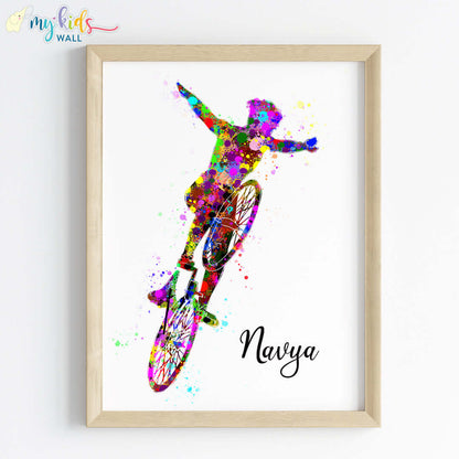 Multicolor cyclist girl wall art wooden frame