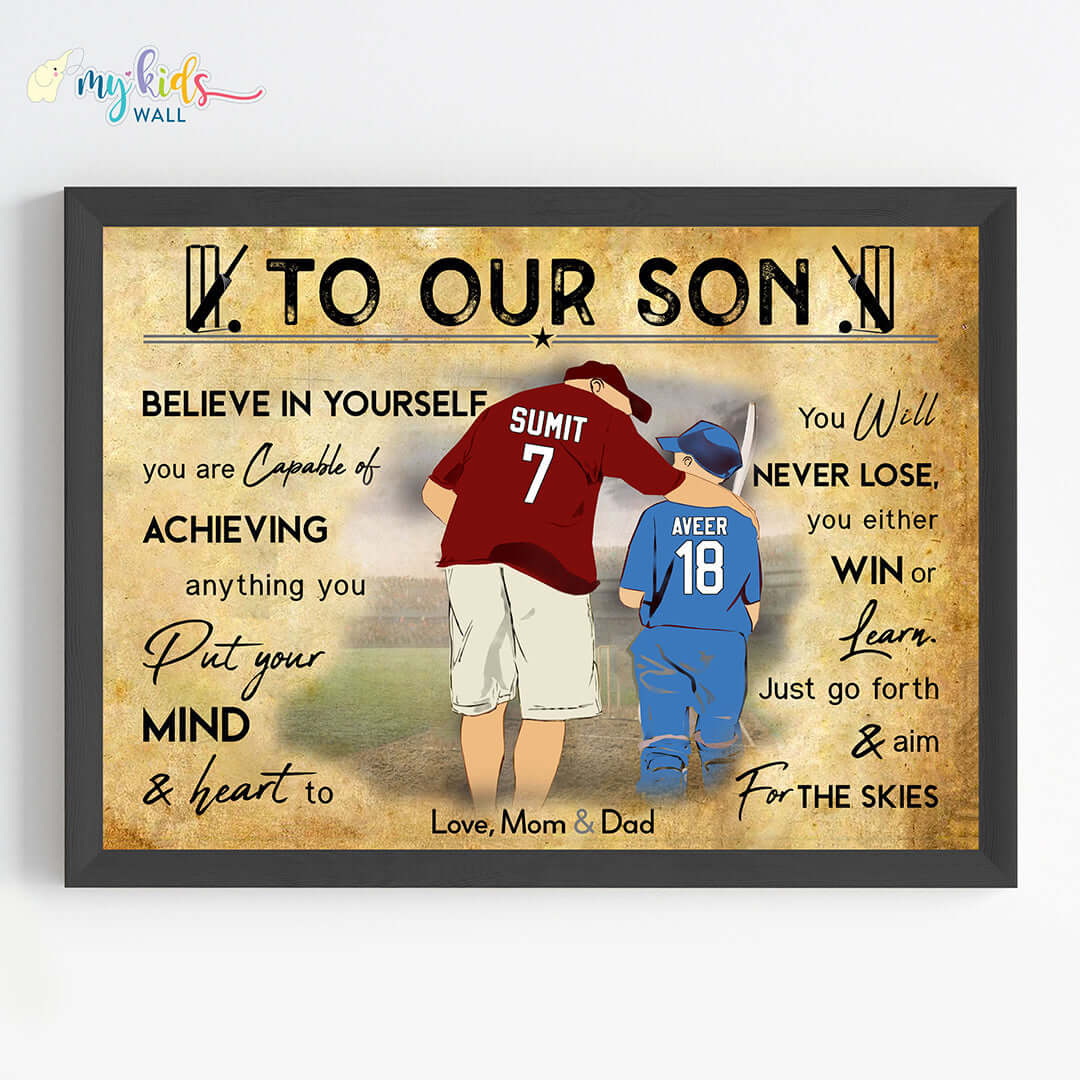 Motivational dad & son cricket wall art black frame