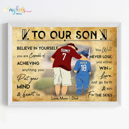 Motivational dad & son cricket wall art white frame