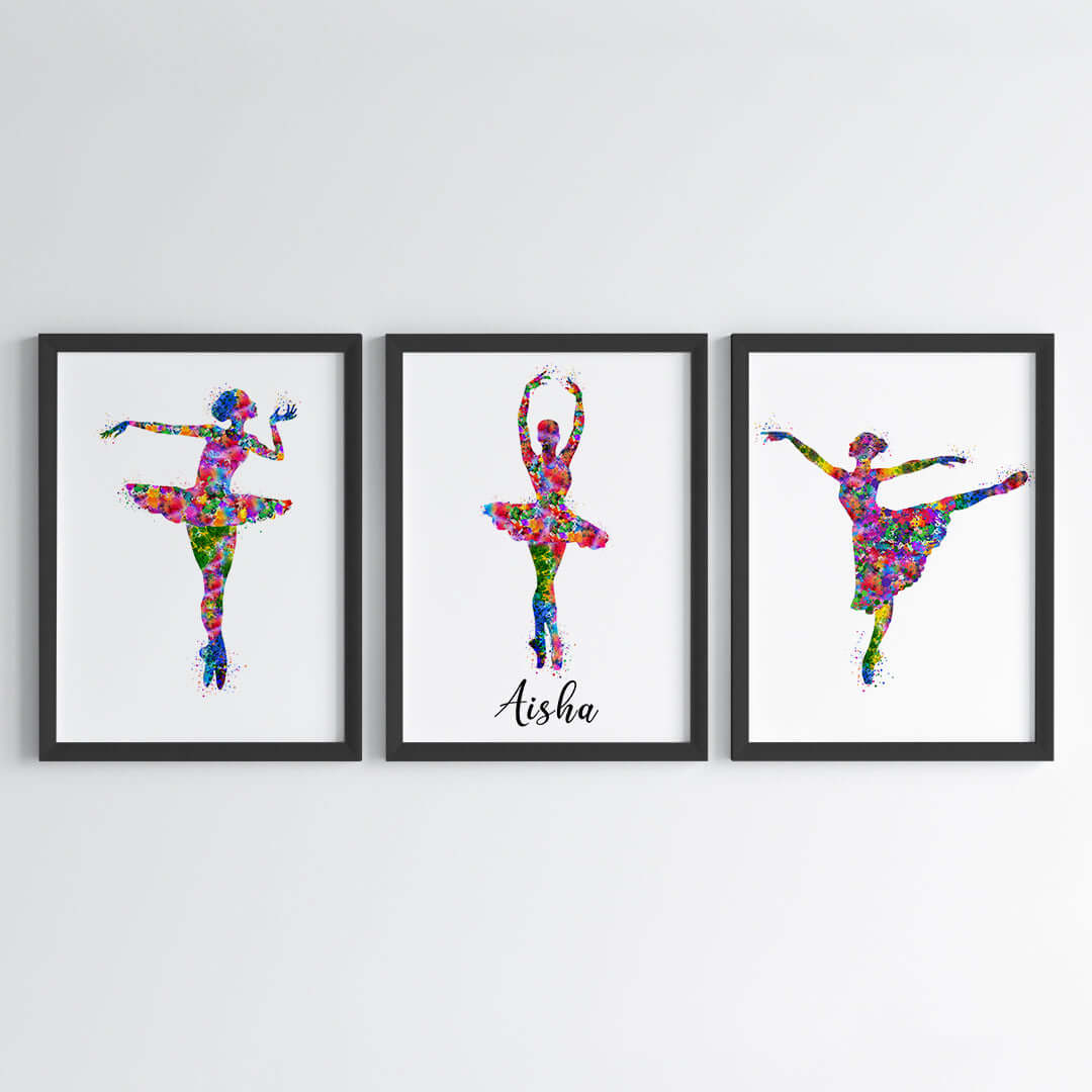 Multicolor dancing ballerina set of 3 wall art black frame