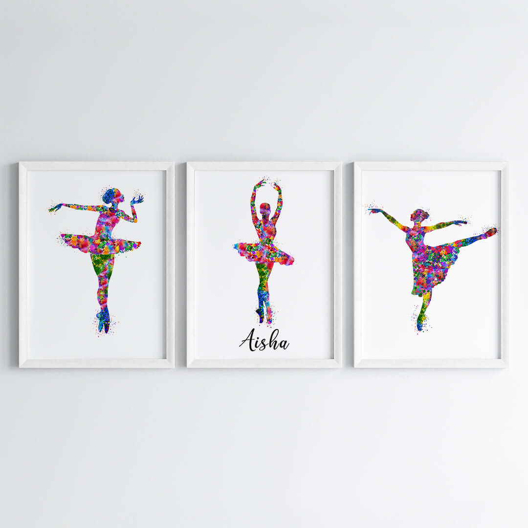 Multicolor dancing ballerina set of 3 wall art black frame