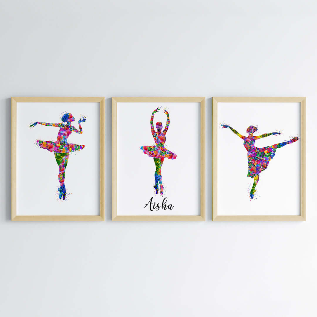 Multicolor dancing ballerina set of 3 wall art wooden frame