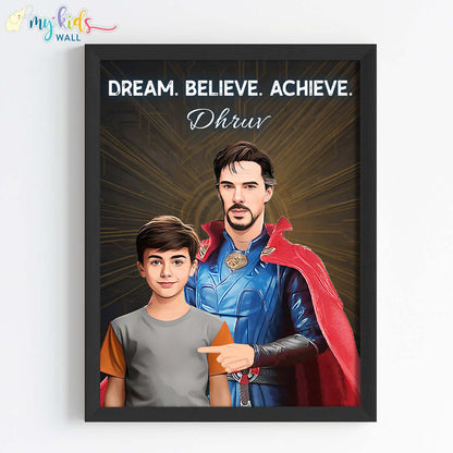 Doctor Strange portrait wall art featuring a child in black frame 