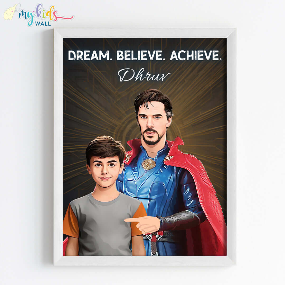 Doctor Strange portrait wall art featuring a child in white frame 