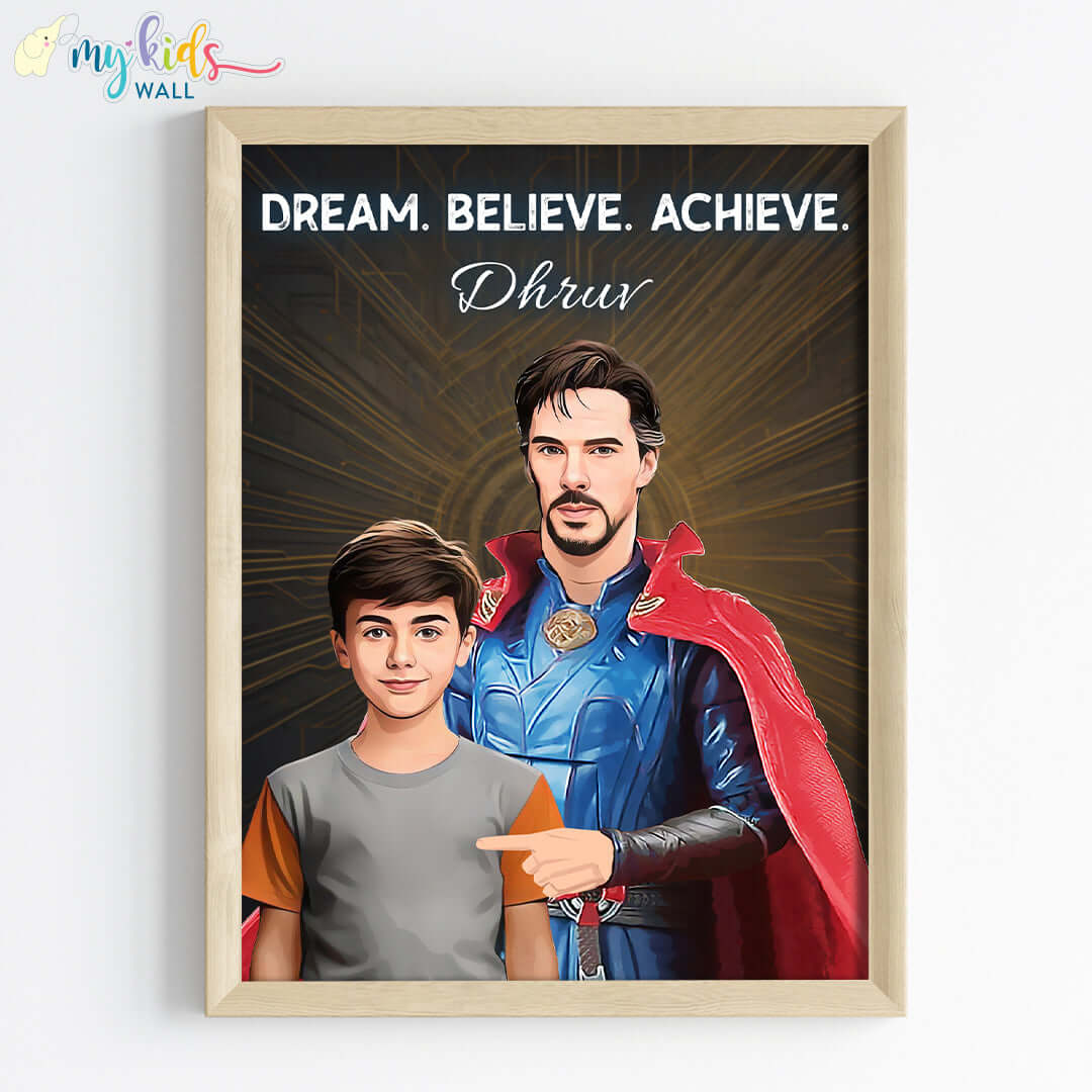 Doctor Strange portrait wall art featuring a child in wooden frame 