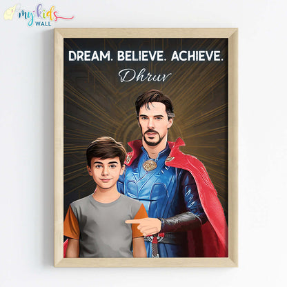 Doctor Strange portrait wall art featuring a child in wooden frame 